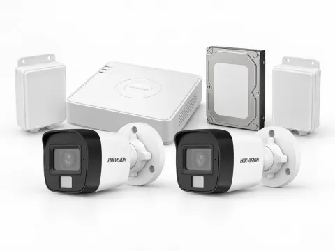 Two Hikvision DS-2CE16D0T-EXLPF cameras with DS-7104HGHI-M1/T DVR, 500GB surveillance HDD and two CCTV power supplies