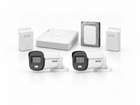 Two Hikvision DS-2CE10DF0T-PFS ColorVu cameras, DS-7104HGHI-M1/T DVR, 500GB HDD and 2 CCTV power supplies