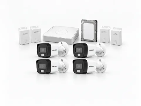 Four Hikvision DS-2CE16D0T-EXLPF cameras with DS-7104HGHI-M1/T DVR, 500GB surveillance HDD and four CCTV power supplies