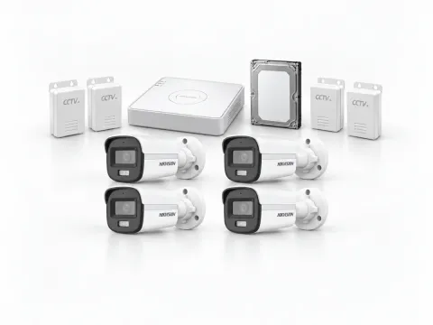 Four Hikvision DS-2CE10DF0T-PFS ColorVu cameras, DS-7104HGHI-M1/T DVR, 500GB HDD and 4 CCTV power supplies