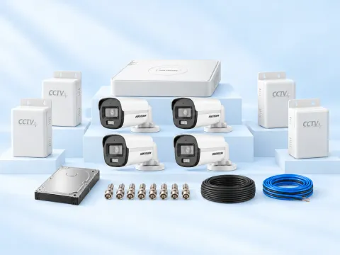 4 Hikvision ColorVu cameras, 4-channel DVR, HDD, 4 power supplies, 8 BNC connectors, 1 coax coil and TT cable