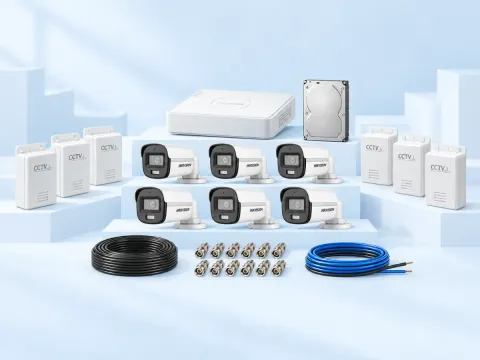 6 Hikvision ColorVu cameras, 8-channel DVR, HDD, 6 power supplies, 12 BNC connectors, 1 coax coil and TT cable