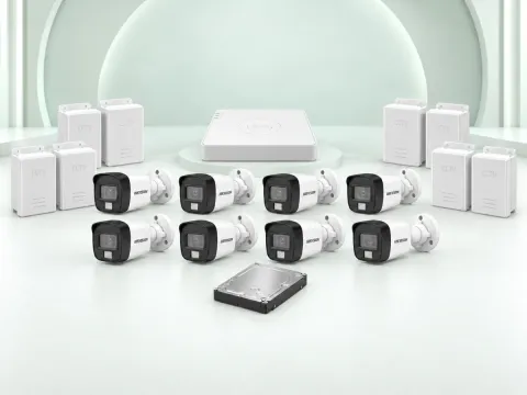8 Hikvision DS-2CE16D0T-EXLPF cameras, DS-7108HGHI-M1/T DVR, 500GB HDD and 8 power supplies on a light mint studio background