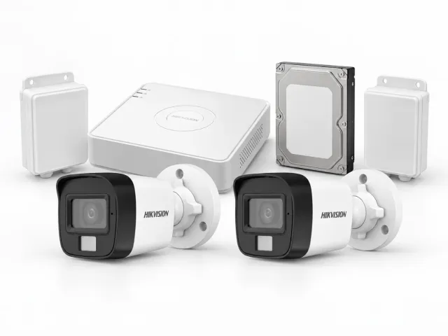 Two Hikvision DS-2CE16D0T-EXLPF cameras with DS-7104HGHI-M1/T DVR, 500GB surveillance HDD and two CCTV power supplies