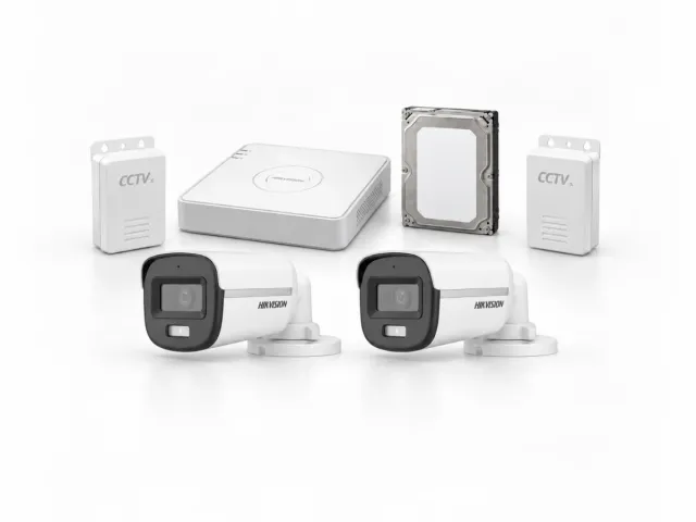 Two Hikvision DS-2CE10DF0T-PFS ColorVu cameras, DS-7104HGHI-M1/T DVR, 500GB HDD and 2 CCTV power supplies