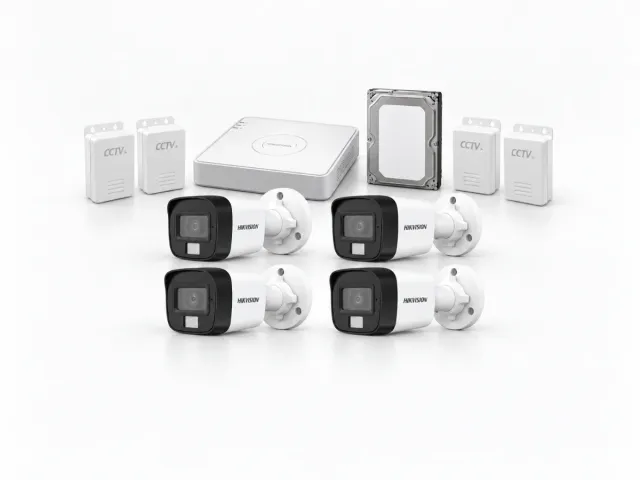 Four Hikvision DS-2CE16D0T-EXLPF cameras with DS-7104HGHI-M1/T DVR, 500GB surveillance HDD and four CCTV power supplies