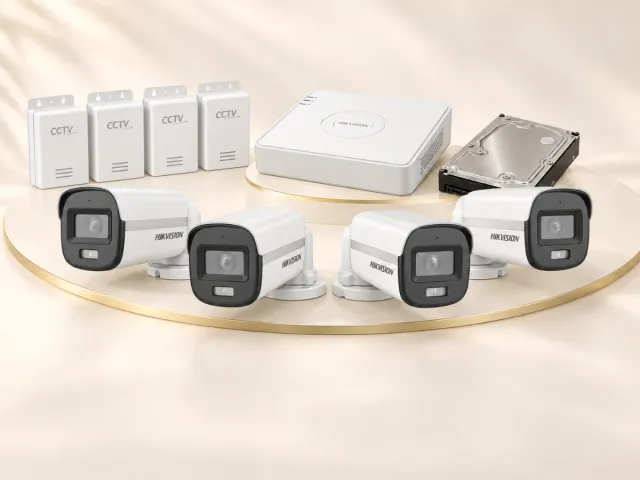 Four Hikvision DS-2CE10KF0T-LPFS 3K cameras, iDS-7104HQHI-M1/T DVR, 500GB HDD and 4 CCTV power supplies