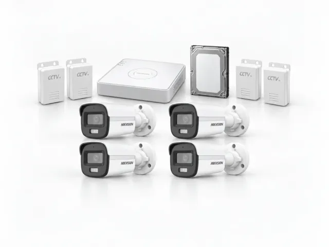 Four Hikvision DS-2CE10DF0T-PFS ColorVu cameras, DS-7104HGHI-M1/T DVR, 500GB HDD and 4 CCTV power supplies