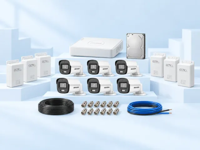 6 Hikvision ColorVu cameras, 8-channel DVR, HDD, 6 power supplies, 12 BNC connectors, 1 coax coil and TT cable