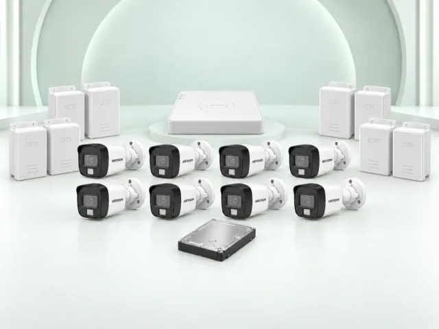 8 Hikvision DS-2CE16D0T-EXLPF cameras, DS-7108HGHI-M1/T DVR, 500GB HDD and 8 power supplies on a light mint studio background